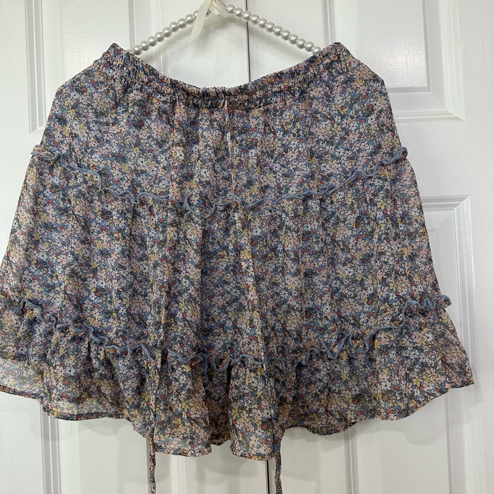 Sienna Sky- Baby blue floral skirt with elastic waist tie - medium